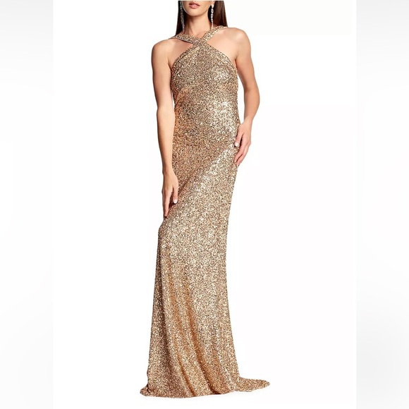 Tadashi Shoji's Gold Sequined Sleeveless Gown NWT Large - Picture 2 of 8